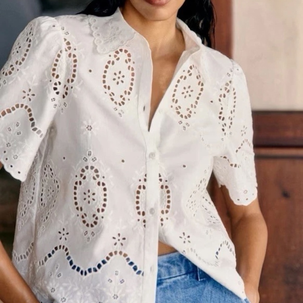 Sezane Elvira Ecru Scalloped Lace Blouse Top EU38 US6 Luxury Boho Romantic Chic - Picture 2 of 4
